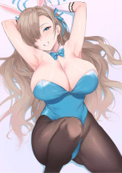 Rule 34 | 1girl, ameno shigure, animal ears, asuna (blue archive), asuna (bunny) (blue archive), blue archive, blue eyes, blue leotard, bow, bowtie, breasts, elbow gloves, gloves, grin, hair over one eye, hair tie, halo, huge breasts, leotard, light brown hair, long hair, looking at viewer, mole, mole on breast, pantyhose, playboy bunny, rabbit ears, smile, solo, traditional bowtie, white gloves