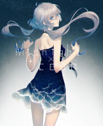 Rule 34 | 1girl, back, bad id, bad pixiv id, bare shoulders, blue eyes, blue hair, bracelet, breasts, closed mouth, dress, galaxy, gradient background, gradient hair, grey hair, highres, holding, holding own hair, jewelry, long hair, looking at viewer, looking back, milky way, multicolored hair, night, night sky, nipponia nippon, original, personification, see-through, sidelocks, sky, sleeveless, sleeveless dress, solo, standing, star (sky), twintails, two-tone hair, water