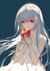 Rule 34 | 1girl, :o, apple, backlighting, bare arms, bare shoulders, bison cangshu, black background, collarbone, commentary request, diffraction spikes, dress, floating hair, flower, food, fruit, grey hair, hair between eyes, hair flower, hair ornament, hands up, highres, holding, holding food, holding fruit, lens flare, light particles, long hair, looking at viewer, open mouth, original, pink flower, red apple, red eyes, sidelocks, sleeveless, sleeveless dress, solo, teeth, upper body, very long hair, white dress