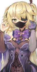 Rule 34 | 1girl, absurdres, arm scrunchie, black nails, blonde hair, blush, bow, breasts, dress, elbow gloves, eyepatch, facial mask, fischl (genshin impact), genshin impact, gloves, green eyes, highres, huge filesize, long hair, mask, medium breasts, nail polish, purple bow, purple dress, purple neckwear, resolution mismatch, scrunchie, simple background, solo, source smaller, torriet, two side up, white background