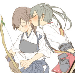 Rule 34 | 2girls, bow (weapon), brown hair, closed mouth, commentary request, closed eyes, grey hair, hip vent, holding, japanese clothes, kaga (kancolle), kantai collection, multiple girls, muneate, muted color, nape, ree (re-19), side ponytail, simple background, smile, twintails, weapon, white background, zuikaku (kancolle)