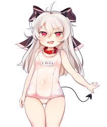 Rule 34 | ahoge, antenna hair, bad id, bad pixiv id, cameltoe, collar, covered navel, cowboy shot, demon tail, fang, gluteal fold, hair between eyes, highres, kosobin, legs together, long hair, one-piece swimsuit, open mouth, original, outstretched arm, red eyes, ribbon, school swimsuit, silver hair, simple background, smile, solo, standing, swimsuit, tail, thigh gap, thighs, v-shaped eyebrows, white background, white one-piece swimsuit, white school swimsuit