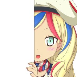 Rule 34 | 10s, 1girl, blonde hair, blue eyes, blue hair, blush, commandant teste (kancolle), commentary request, eyebrows, hat, kantai collection, long hair, looking at viewer, matching hair/eyes, multicolored hair, nagineko, open mouth, peeking out, red hair, solo, streaked hair, transparent background