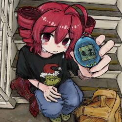 Rule 34 | 1girl, ahoge, arm up, backpack, bag, black shirt, blush stickers, bubbacterial, character print, crocs, cross, crying, death, denim, drill hair, empty eyes, foreshortening, frown, furrowed brow, ghost, hand on own thigh, heart, highres, holding, holding toy, how the grinch stole christmas, jeans, kasane teto, looking at viewer, outstretched arm, pants, reaching, reaching towards viewer, red eyes, red hair, sad, shirt, short hair, short sleeves, sitting, sitting on stairs, solo, stairs, tamagotchi, tears, the grinch, tombstone, toy, triangular headpiece, twin drills, utau