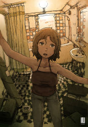 Rule 34 | 1girl, 2014, bathroom, bathtub, brown camisole, brown hair, camisole, denim, feet out of frame, happy new year, highres, inukoko, jeans, looking at viewer, mirror, new year, open mouth, original, pants, shadow, short hair, shower curtain, sink, solo, tile floor, tiles