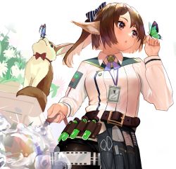 Rule 34 | 024th, 1girl, absurdres, animal, animal ears, arknights, belt, black bow, blue butterfly, bow, brown belt, brown eyes, brown hair, brown pantyhose, bug, butterfly, butterfly on hand, commentary, flower, fox, fox ears, green butterfly, hair bow, hand up, highres, holding, holding hose, hose, insect, long hair, long sleeves, looking at animal, official alternate costume, pantyhose, parted lips, perfumer (arknights), perfumer (species plantarum) (arknights), ponytail, red bow, scissors, shirt, simple background, solo, striped, striped bow, vial, water, white background, white flower, white shirt