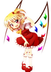 Rule 34 | 1girl, ascot, asymmetrical hair, blonde hair, dress, fang, female focus, flandre scarlet, full body, haiiro (immature), hair ribbon, kneehighs, looking at viewer, mary janes, no headwear, open mouth, pink eyes, pointy ears, puffy sleeves, red dress, red skirt, ribbon, shirt, shoes, short hair, short sleeves, side ponytail, simple background, skirt, smile, socks, solo, touhou, white background, white socks, wings