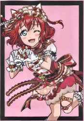 Rule 34 | 1girl, absurdres, alternate hairstyle, animal ears, aqua eyes, artist name, artist request, back bow, blush, bow, collared shirt, curly hair, dress, female focus, frilled dress, frills, gloves, green eyes, hair between eyes, heart, heart hands, highres, kurosawa ruby, looking at viewer, love live!, love live! school idol festival, love live! sunshine!!, mayukimi, one eye closed, parted lips, pink skirt, puffy short sleeves, puffy sleeves, red bow, red hair, ribbon trim, shirt, short hair, short sleeves, skirt, smile, solo, standing, standing on one leg, striped, striped bow, white gloves, white shirt, worried