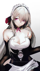 Rule 34 | 1girl, absurdres, alternate hair length, alternate hairstyle, artist name, bare shoulders, black choker, black corset, black gloves, breasts, choker, cleavage, closed mouth, commentary request, corset, dress, elbow gloves, expressionless, flower, gloves, gradient background, grey background, grey hair, hair ribbon, highres, honkai (series), honkai impact 3rd, large breasts, long hair, looking at viewer, mackia, maid, maid headdress, mole, mole under eye, pink eyes, pink flower, red ribbon, ribbon, rita rossweisse, solo, strapless, strapless dress, upper body, white background, white dress
