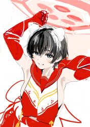 Rule 34 | 1girl, absurdres, animal ears, armpits, arms up, black hair, blue archive, blush, breasts, e eel, elbow gloves, gloves, halo, highres, large breasts, looking at viewer, red gloves, red sailor collar, red skirt, sailor collar, short hair, sideboob, simple background, sketch, skindentation, skirt, sleeveless, solo, tassel, tsubaki (blue archive), upper body, white background