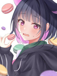 Rule 34 | 1girl, animal ears, black jacket, blue archive, blurry, blurry foreground, blush, colored inner hair, commentary, extra ears, food, hand up, highres, holding, holding food, hood, hood down, hooded jacket, jacket, kazusa (blue archive), long sleeves, looking at viewer, looking to the side, macaron, multicolored hair, nano (blueoekaki), open mouth, pink eyes, short hair, sidelocks, solo, sweatdrop, wavy mouth, white background