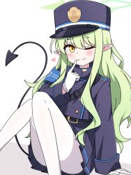 Rule 34 | 1girl, absurdres, black hat, black shirt, black skirt, black tail, blue archive, blush, closed mouth, demon tail, gloves, green hair, green halo, halo, hat, heart, hikari (blue archive), highres, long hair, long sleeves, looking at viewer, mangyu0111, one eye closed, pantyhose, peaked cap, pleated skirt, pointy ears, shirt, simple background, skirt, smile, solo, tail, white background, white gloves, white pantyhose, yellow eyes
