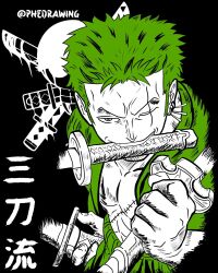 Rule 34 | 1boy, abs, artist name, earrings, green hair, highres, holding, holding sword, holding weapon, instagram username, jewelry, katana, male focus, mouth hold, one eye closed, one piece, phedrawing, roronoa zoro, scar, scar across eye, scar on chest, scar on face, short hair, single earring, smile, solo, sword, teeth, translation request, weapon