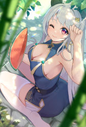 Rule 34 | 1girl, ass, bare shoulders, breasts, changchun (warship girls r), cleavage, food, fruit, hair ornament, hasu (velicia), highres, long hair, looking at viewer, no shoes, one eye closed, red eyes, sitting, smile, soles, thighhighs, wariza, warship girls r, watermelon, white hair