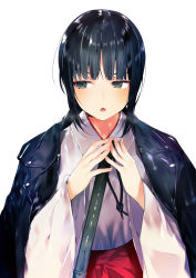 Rule 34 | 1girl, bamboo broom, black hair, black jacket, blush, broom, commentary request, eyebrows hidden by hair, grey theme, hakama, hakama skirt, hands up, heavy breathing, highres, jacket, jacket on shoulders, japanese clothes, kimono, long sleeves, looking away, looking to the side, miko, original, parted lips, red hakama, sidelocks, simple background, skirt, solo, tetsubuta, upper body, white background, white kimono, wide sleeves