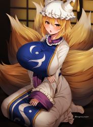 Rule 34 | 1girl, animal ears, asymmetrical breasts, blonde hair, blue vest, boots, breasts, door, dress, eyes visible through hair, female focus, floor, fox ears, fox tail, hair between eyes, hand on own arm, hat, large breasts, long sleeves, looking at viewer, marota, open mouth, seiza, short hair, sitting, solo, tail, touhou, twitter username, vest, white dress, white footwear, white hat, white sleeves, yakumo ran, yellow eyes