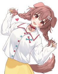 Rule 34 | 14 (vision5032), 1girl, :3, absurdres, animal ears, blush, bone hair ornament, braid, brown eyes, brown hair, collar, collared shirt, dog ears, dog girl, dog tail, fangs, hair between eyes, hair ornament, heart, highres, holding, holding own hair, hololive, inugami korone, inugami korone (1st costume), long hair, long sleeves, low twin braids, nail polish, open mouth, shirt, sidelocks, skirt, smile, solo, tail, twin braids, virtual youtuber, white background, white shirt, yellow nails, yellow skirt