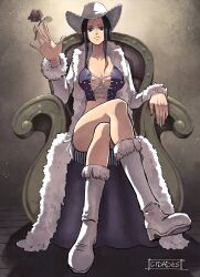 Rule 34 | 1girl, absurdres, boots, breasts, cidades, closed mouth, coat, commentary, commission, cowboy hat, cross-laced clothes, cross-laced top, crossed legs, english commentary, flower, full body, hat, highres, holding, holding flower, long coat, looking at viewer, looking down, nico robin, nico robin (alabasta), one piece, rose, sidelocks, sitting, solo, watermark, white coat, white hat