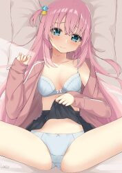 Rule 34 | 1girl, absurdres, alternate breast size, bed sheet, black skirt, blue eyes, bocchi the rock!, bow, bow bra, bow panties, bra, breasts, closed mouth, clothes lift, collarbone, commentary request, cube hair ornament, gotoh hitori, hair between eyes, hair ornament, head tilt, highres, jacket, lifting own clothes, lineflo, long hair, long sleeves, looking at viewer, lying, off shoulder, on back, one side up, open clothes, open jacket, panties, pillow, pink hair, pink jacket, pleated skirt, skirt, skirt lift, sleeves past wrists, small breasts, smile, solo, spread legs, track jacket, underwear, very long hair, white bra, white panties
