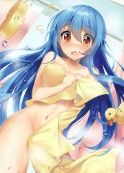 Rule 34 | 1girl, ^^^, absurdres, bison cangshu, blue hair, blush, breasts, covering privates, full-face blush, highres, naked towel, nude cover, quincy (warship girls r), red eyes, rubber duck, shower curtain, solo, sponge, towel, towel slip, warship girls r, yellow towel