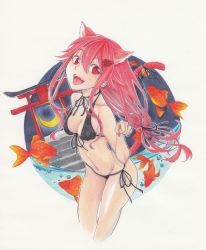 Rule 34 | 1girl, absurdres, animal ears, bikini, breasts, cat ears, cat tail, cleavage, cowboy shot, fang, fish, guilty crown, hair ornament, hairclip, highres, long hair, looking at viewer, marker (medium), medium breasts, navel, open mouth, pink hair, red eyes, sarina (tosiyukiryousuke), smile, solo, swimsuit, tail, traditional media, twintails, yuzuriha inori