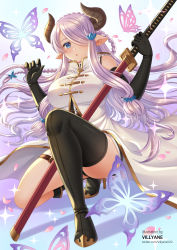 Rule 34 | 1girl, :o, animal, artist name, asymmetrical footwear, bare shoulders, black footwear, black gloves, black shorts, black thighhighs, blue eyes, blush, boots, braid, breasts, bug, butterfly, commentary request, curled horns, draph, elbow gloves, gloves, granblue fantasy, hair over one eye, hands up, highres, holding, holding sword, holding weapon, horns, insect, jacket, katana, large breasts, long hair, narmaya (granblue fantasy), parted lips, pointy ears, purple hair, sheath, sheathed, short shorts, shorts, single thigh boot, solo, sword, thigh boots, thighhighs, very long hair, villyane, watermark, weapon, web address, white jacket