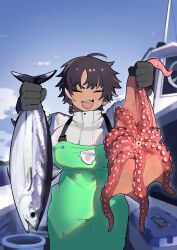 Rule 34 | 1girl, animal, apron, black gloves, black hair, blush, boat, bon (vtuber), breasts, closed eyes, cloud, dark-skinned female, dark skin, day, ear piercing, facing viewer, fish, gloves, green apron, highres, holding, holding animal, holding fish, indie virtual youtuber, large breasts, long sleeves, octopus, open mouth, outdoors, piercing, second-party source, short hair, sky, solo, syakunetuu, virtual youtuber, watercraft