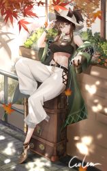 Rule 34 | 1girl, absurdres, animal ears, arknights, arm up, autumn leaves, bare shoulders, belt, belt buckle, black choker, bracelet, brown footwear, buckle, choker, commentary request, crop top, dappled sunlight, day, ears through headwear, full body, gaogao544, green jacket, hair between eyes, hat, high heels, highres, horse ears, jacket, jewelry, knee up, leaf, long hair, long sleeves, looking at viewer, maple leaf, meteor (arknights), meteor (bard&#039;s holiday) (arknights), mouth hold, navel, off shoulder, official alternate costume, open clothes, open jacket, outdoors, pants, ponytail, sidelocks, signature, sitting, solo, suitcase, sun hat, sunlight, white hat, white pants