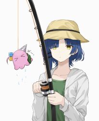 Rule 34 | &gt; &lt;, 1girl, alternate costume, blue hair, bocchi the rock!, bucket hat, closed mouth, commentary request, cube hair ornament, expressionless, fishing, fishing rod, gotoh hitori, gotoh hitori (octopus), green shirt, hair ornament, hairclip, hands up, hat, highres, holding, holding fishing rod, hood, hood down, hooded jacket, jacket, kanaria hisagi, long sleeves, mole, mole under eye, one side up, open clothes, open jacket, seaweed, shirt, short hair, simple background, tears, upper body, water drop, white background, white jacket, yamada ryo, yellow eyes, yellow headwear
