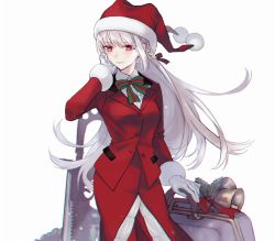 Rule 34 | 1girl, bag, bell, bow, braid, fate/grand order, fate (series), florence nightingale (fate), florence nightingale (santa) (fate), fur-trimmed sleeves, fur trim, gloves, hat, katagiri (mighty swing), pantyhose, pink hair, red eyes, santa hat, skirt, smile, solo, white gloves
