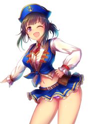 Rule 34 | 10s, 1girl, anchor symbol, belt pouch, breasts, brown hair, front-tie top, hat, idolmaster, idolmaster cinderella girls, kara (color), midriff, navel, niwa hitomi, one eye closed, open mouth, panties, pantyshot, pouch, purple eyes, shirt, smile, solo, striped clothes, striped panties, tied shirt, twintails, underwear