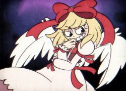 Rule 34 | 1girl, angel wings, blonde hair, bow, covering own mouth, cuphead (game), gengetsu (touhou), grin, hair bow, highres, long skirt, retro artstyle, shirt, skirt, smile, touhou, touhou (pc-98), vest, wings, yatsunote