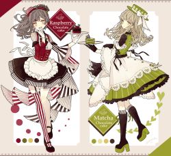 Rule 34 | 2girls, akakura, apron, black footwear, black ribbon, blonde hair, boots, cake, chocolate cake, color guide, detached sleeves, dress, earrings, english text, fishnets, food, frilled apron, frilled sleeves, frills, full body, garter straps, gloves, green dress, green eyes, green hat, green theme, grey hair, hair ornament, hairclip, hand to own mouth, hat, hat ribbon, high heels, highres, holding, holding tray, jewelry, knee boots, kneehighs, lace-trimmed sleeves, lace trim, long hair, looking at viewer, mary janes, multiple girls, original, personification, platform footwear, red hat, red theme, ribbon, shoes, single thighhigh, socks, striped clothes, striped dress, striped headwear, striped legwear, striped thighhighs, thighhighs, tray, underbust, vertical-striped clothes, vertical-striped dress, vertical-striped headwear, vertical-striped legwear, vertical-striped thighhighs, vertical-stripes, waist apron, white apron, white gloves, white ribbon, wide sleeves, yellow eyes