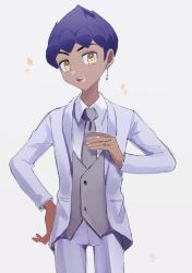 Rule 34 | 1boy, :d, alternate costume, bright pupils, collared shirt, creatures (company), dark-skinned male, dark skin, earrings, game freak, grey necktie, grey vest, gvzzgl, hand on own hip, highres, hop (pokemon), jacket, jewelry, male focus, necktie, nintendo, open mouth, pants, pokemon, pokemon swsh, purple hair, ring, shirt, short hair, simple background, smile, solo, sparkle, teeth, tongue, upper teeth only, vest, white background, white jacket, white pants, white pupils, white shirt, yellow eyes