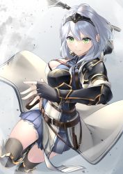 Rule 34 | 1girl, absurdres, armor, black gloves, black headwear, black thighhighs, breasts, cleavage, commentary request, female knight, fingerless gloves, gloves, green eyes, highres, holding, holding weapon, hololive, knight, large breasts, looking at viewer, mace, serious, shirogane noel, shirogane noel (1st costume), short hair, silver hair, solo, thighhighs, tiara, tsurupy, virtual youtuber, weapon, zettai ryouiki