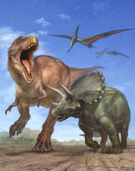 Rule 34 | blue sky, cloud, cloudy sky, dinosaur, fangs, flying, forest, g.river, horns, mountain, nature, no humans, open mouth, pterosaur, reptile, sky, standing, standing on one leg, tongue, triceratops, watermark, web address