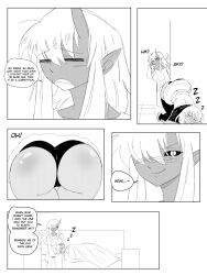Rule 34 | absurdres, ass, black panties, black sclera, black thighhighs, blush, closed mouth, colored sclera, couch, english text, from behind, gluteal fold, highres, horns, long hair, looking at another, monochrome, multiple views, nose blush, original, panels, panties, sidelocks, single horn, smile, speech bubble, taku34128, thighhighs, top-down bottom-up, underwear, zzz