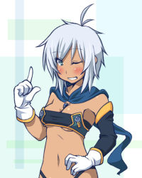 Rule 34 | 1girl, ahoge, blue background, blue eyes, blush, breasts, cleavage, elbow gloves, gloves, jewelry, midriff, navel, necklace, open mouth, rondorine e. effenberg, scarf, short hair, silver hair, tales of (series), tales of phantasia, tales of phantasia: narikiri dungeon x, wink