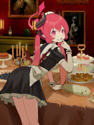 Rule 34 | 1girl, alternate costume, apron, black dress, black horns, black ribbon, blue archive, cake, cake slice, candle, candlestand, commentary request, demon girl, demon wings, dress, duster, enmaided, fine art, finger in own mouth, food, food on face, hair ribbon, halo, highres, horns, junko (blue archive), low wings, macaron, maid, maid apron, maid headdress, painting (object), pastry, pink eyes, pink hair, pink halo, plate, pointy ears, red wings, ribbon, slit pupils, solo, table, twintails, white apron, wings, yeechem2002