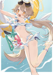 Rule 34 | 1girl, bikini, blue archive, blush, eyewear on head, flat chest, foot out of frame, frilled bikini, frills, hair between eyes, halo, hifumi (blue archive), hifumi (swimsuit) (blue archive), highres, light brown hair, long hair, looking at viewer, low twintails, navel, nemo (leafnight), official alternate costume, open mouth, round eyewear, smile, solo, sunglasses, swimsuit, twintails, white bikini, yellow eyes, yellow halo