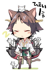Rule 34 | 10s, 1girl, :&lt;, :3, animal, animal ears, animal on head, bare shoulders, cat, cat ears, cat on head, cat tail, chibi, detached sleeves, hairband, hiei (kancolle), kantai collection, kemonomimi mode, nontraditional miko, personification, pleated skirt, skirt, smile, tail, taneda yuuta, thighhighs, translated, zettai ryouiki