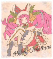 Rule 34 | 1girl, aburigirafa, bell, blue hair, christmas, cleo (dragalia lost), dragalia lost, drill hair, fingerless gloves, floating, full body, fur trim, gloves, highres, looking at viewer, merry christmas, multicolored hair, pink eyes, pink hair, smile, solo, thighhighs, twin drills