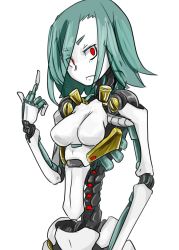 Rule 34 | 1girl, android, blue hair, breasts, female focus, highres, looking at viewer, middle finger, no nipples, null (null man), original, red eyes, science fiction, simple background, solo, white background