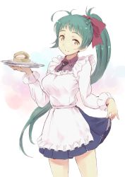 Rule 34 | 1girl, ahoge, apron, blouse, bow, clothes lift, commentary, cowboy shot, food, green hair, hair bow, hair ribbon, highres, holding, holding tray, irako (kancolle), kantai collection, kappougi, long hair, looking at viewer, miniskirt, necktie, ponytail, purple ribbon, ribbon, shirt, simple background, skirt, skirt lift, smile, solo, sweets, tray, wa (genryusui), white background, white shirt, yellow eyes