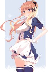 Rule 34 | 1girl, absurdres, alternate costume, black bow, blonde hair, blue eyes, blush, bow, breasts, dress, elf, hair bow, hair up, highres, hlichtkon, long hair, looking at viewer, maid, medium breasts, pointy ears, princess connect!, ribbon, saren (princess connect!), solo, thighhighs