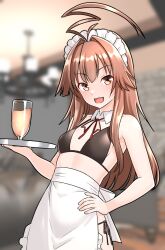 Rule 34 | 1girl, ahoge, alternate costume, apron, bikini, black bikini, blurry, blurry background, blush, breasts, brown eyes, brown hair, cup, detached collar, enmaided, fang, frilled apron, frills, furaggu (frag 0416), hand on own hip, highres, holding, holding tray, huge ahoge, kantai collection, kuma (kancolle), long hair, maid, maid bikini, maid headdress, open mouth, small breasts, smile, solo, swimsuit, tray, unconventional maid, waist apron, white apron