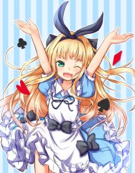Rule 34 | 1girl, ;d, apron, arms up, baram, black bow, black hairband, black ribbon, blonde hair, blue dress, blush, bow, club (shape), collarbone, collared dress, diamond (shape), dress, green eyes, hair bow, hair ribbon, hairband, heart, highres, long hair, looking at viewer, mononobe alice, mononobe alice (1st costume), nijisanji, one eye closed, open mouth, puffy short sleeves, puffy sleeves, ribbon, short sleeves, smile, solo, spade (shape), sparkle, striped, striped background, vertical stripes, very long hair, virtual youtuber, white apron