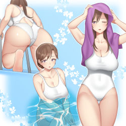 Rule 34 | 1girl, breasts, brown hair, cleavage, competition swimsuit, highleg, highleg swimsuit, highres, ktzw (kitazawa1823), multiple views, one-piece swimsuit, pool, swimsuit, white one-piece swimsuit