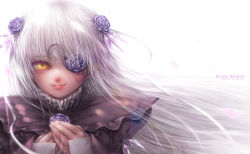 Rule 34 | 1girl, barasuishou, blue flower, closed mouth, collar, crescent, crystal, dress, eyepatch, floating hair, flower, flower eyepatch, frilled collar, frills, hair flower, hair ornament, hair ribbon, long hair, looking at viewer, misaki (kyal 001), own hands together, petals, puffy sleeves, red lips, ribbon, rose, rozen maiden, simple background, smile, solo, sunlight, upper body, white background, white hair, white ribbon, yellow eyes