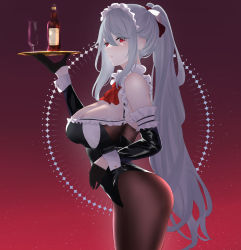 Rule 34 | absurdres, alternate costume, arknights, ascot, black gloves, black leotard, blush, bottle, breasts, brown pantyhose, cleavage, cowboy shot, cup, detached sleeves, drinking glass, enmaided, frilled leotard, frills, gloves, gradient background, grey hair, highres, holding, holding tray, large breasts, leotard, long hair, long sleeves, maid, maid headdress, niuwajun, pantyhose, parted lips, ponytail, red ascot, red background, sidelocks, skadi (arknights), smile, tray, very long hair, wrist cuffs